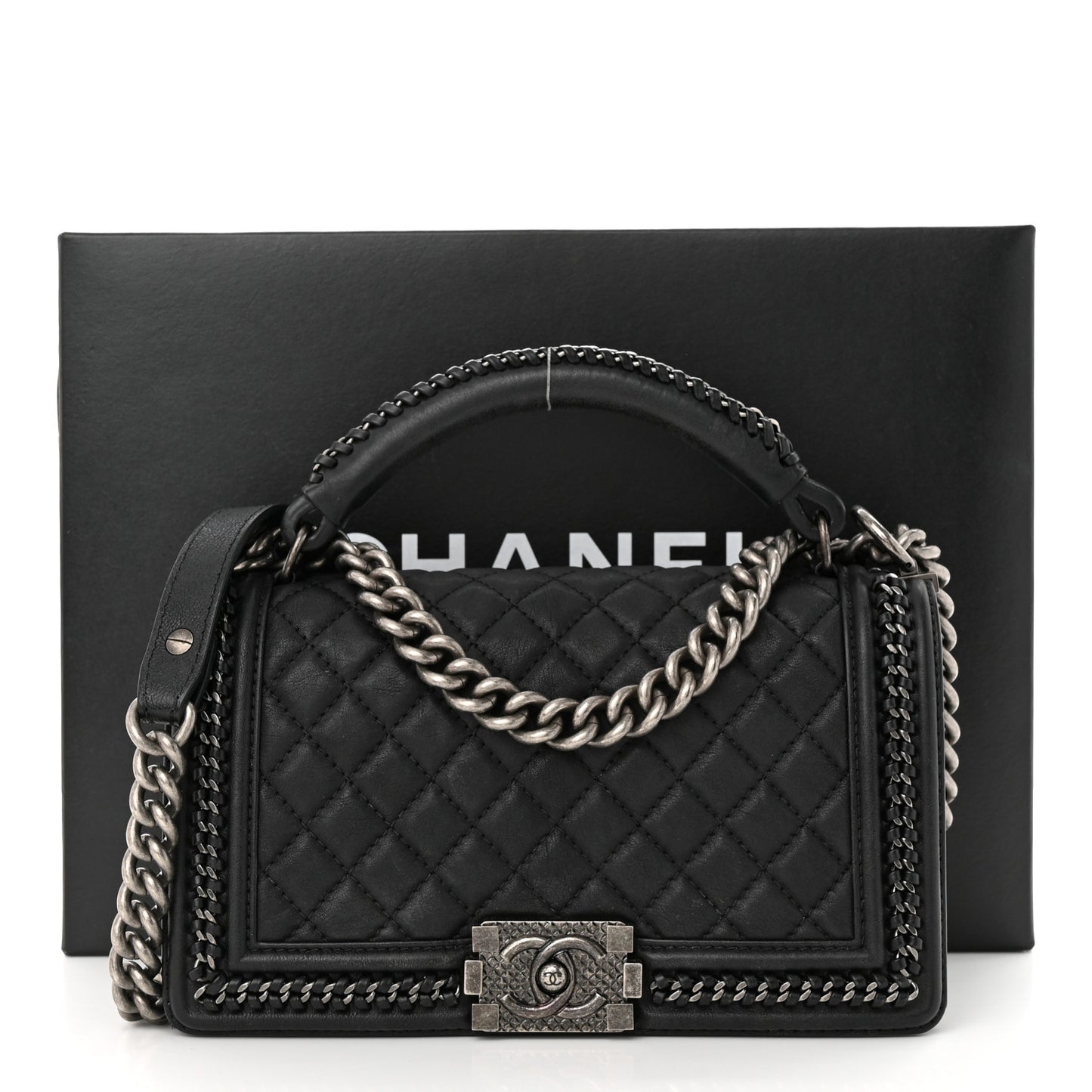 Calfskin Quilted Medium Boy Top Handle Flap Black