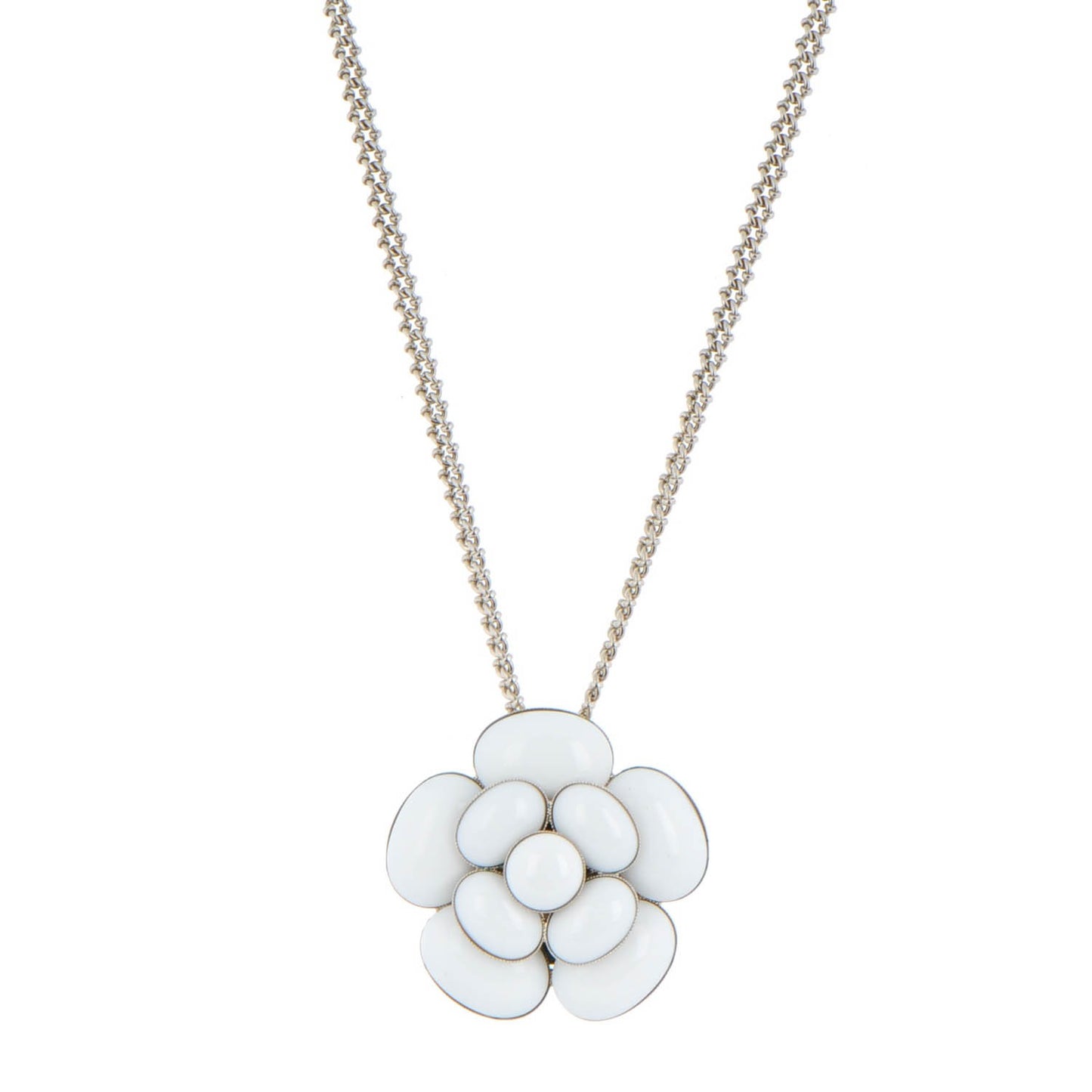 Enamel CC Camellia Pendant Necklace Silver White