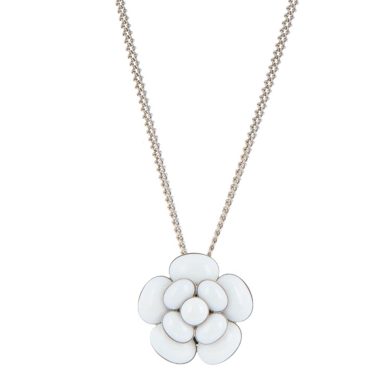 Chanel Enamel CC Camellia Pendant Necklace Silver White 1 of 5