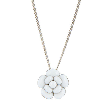 Chanel Enamel CC Camellia Pendant Necklace Silver White 1 of 5