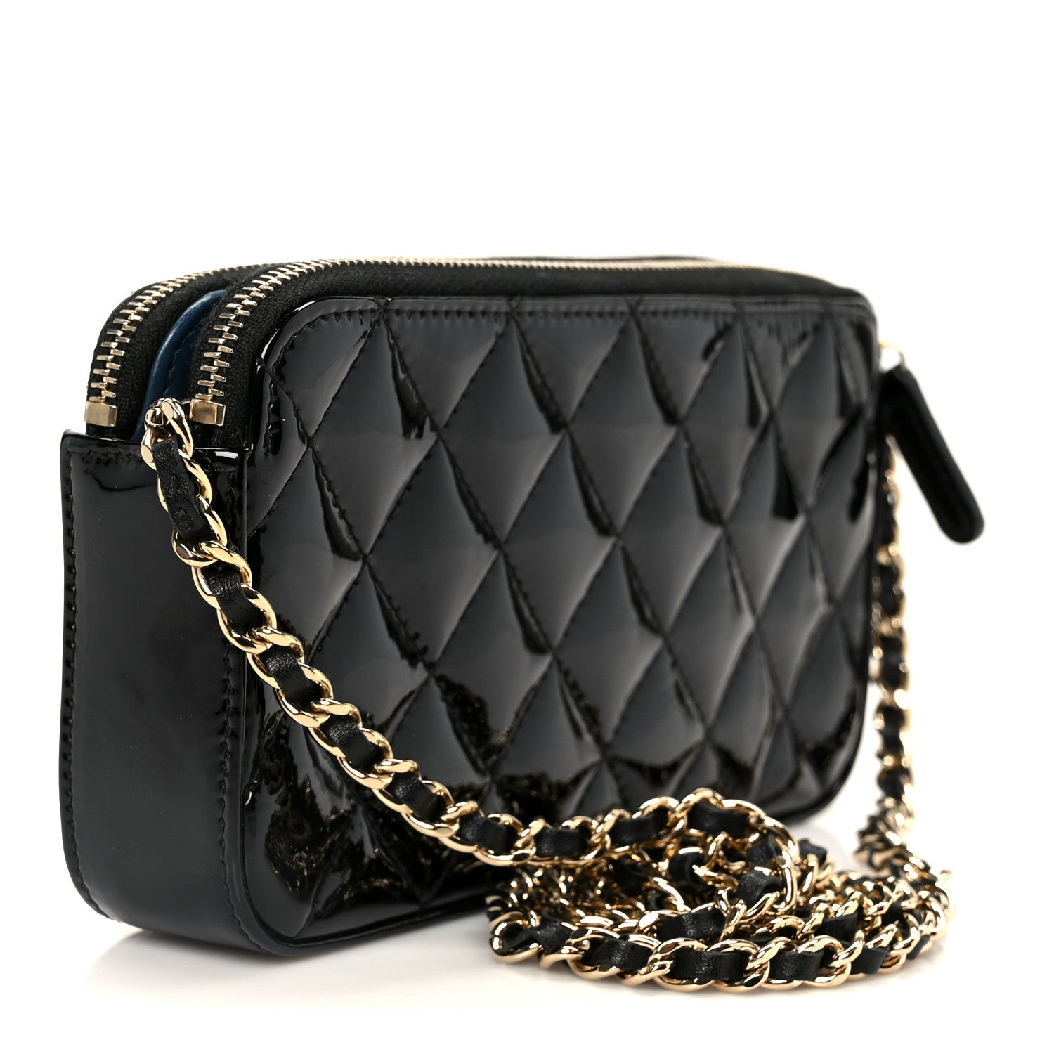 Chanel Patent Quilted Small Clutch With Chain Black Blue 3 of 12