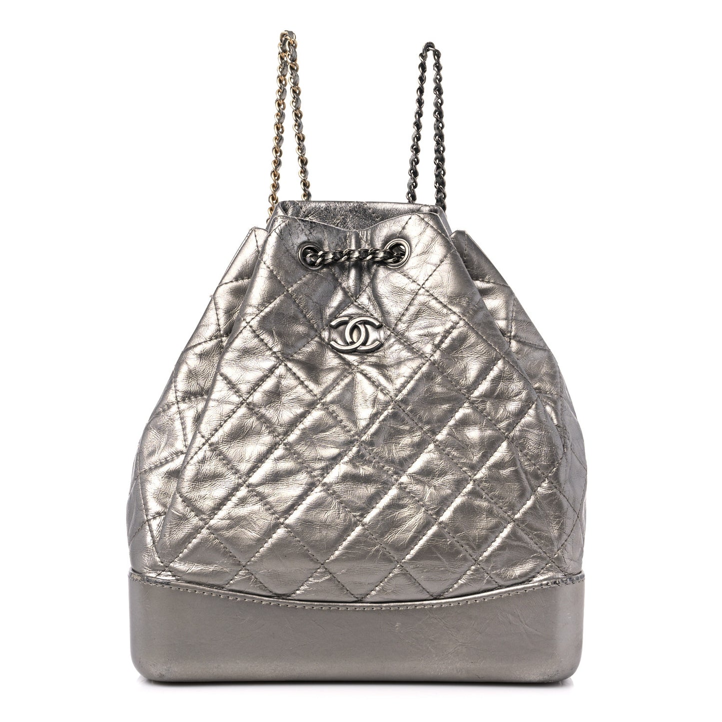 Metallic Crumpled Calfskin Quilted Small Gabrielle Backpack Silver