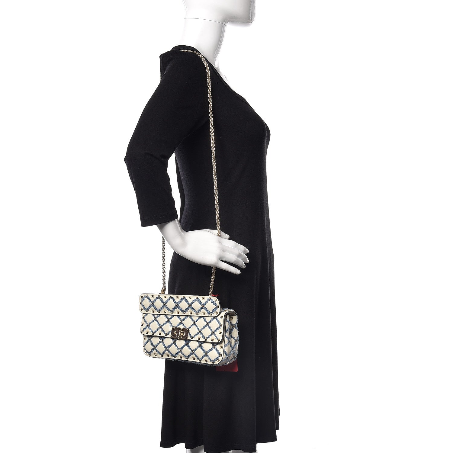 Valentino Garavani Lambskin Denim Quilted Small Rockstud Spike Shoulder Bag Ivory 2 of 12