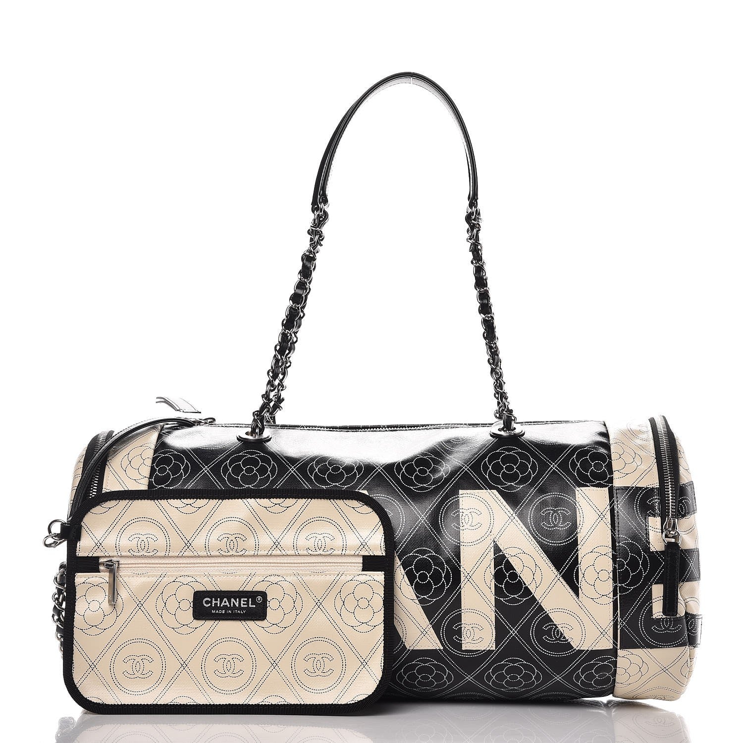 Chanel Coated Canvas Camellia Printed Calfskin Bowling Bag Black Beige 3 of 8