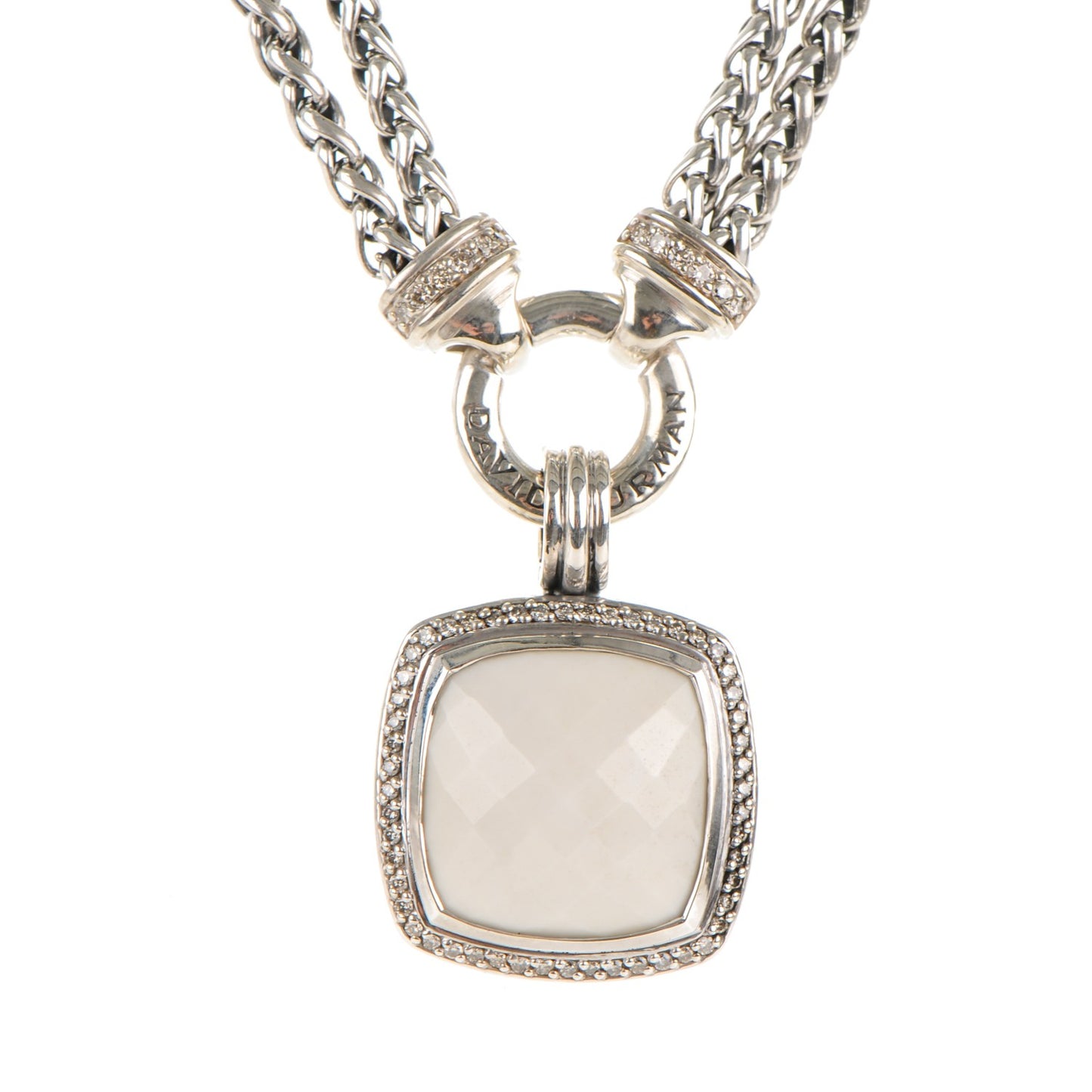 Sterling Silver Pave Diamond White Agate 19mm Albion Pendant Necklace