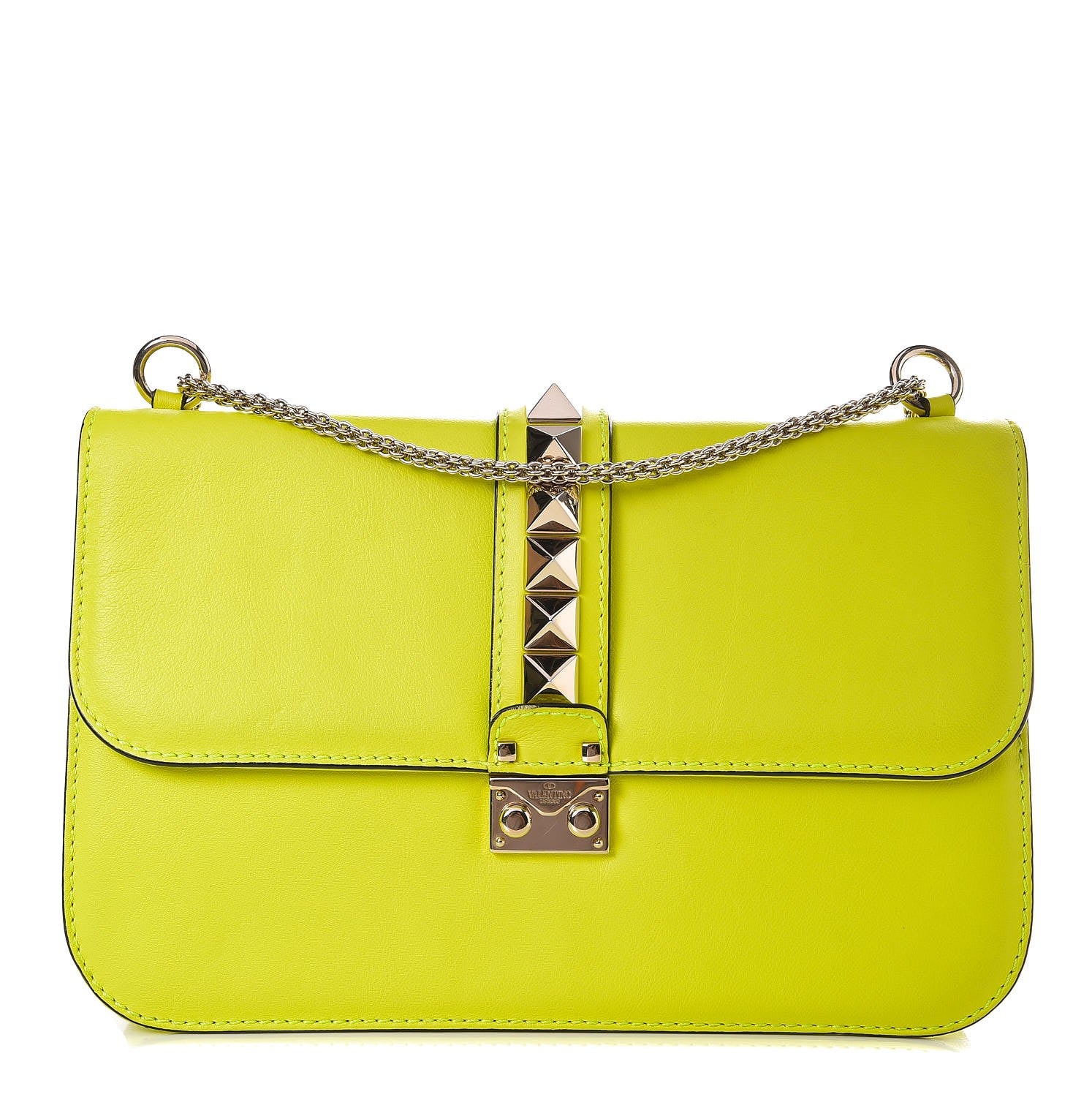 Valentino Garavani Vitello Large Glam Lock Rockstud Flap Yellow Fluo 1 of 17