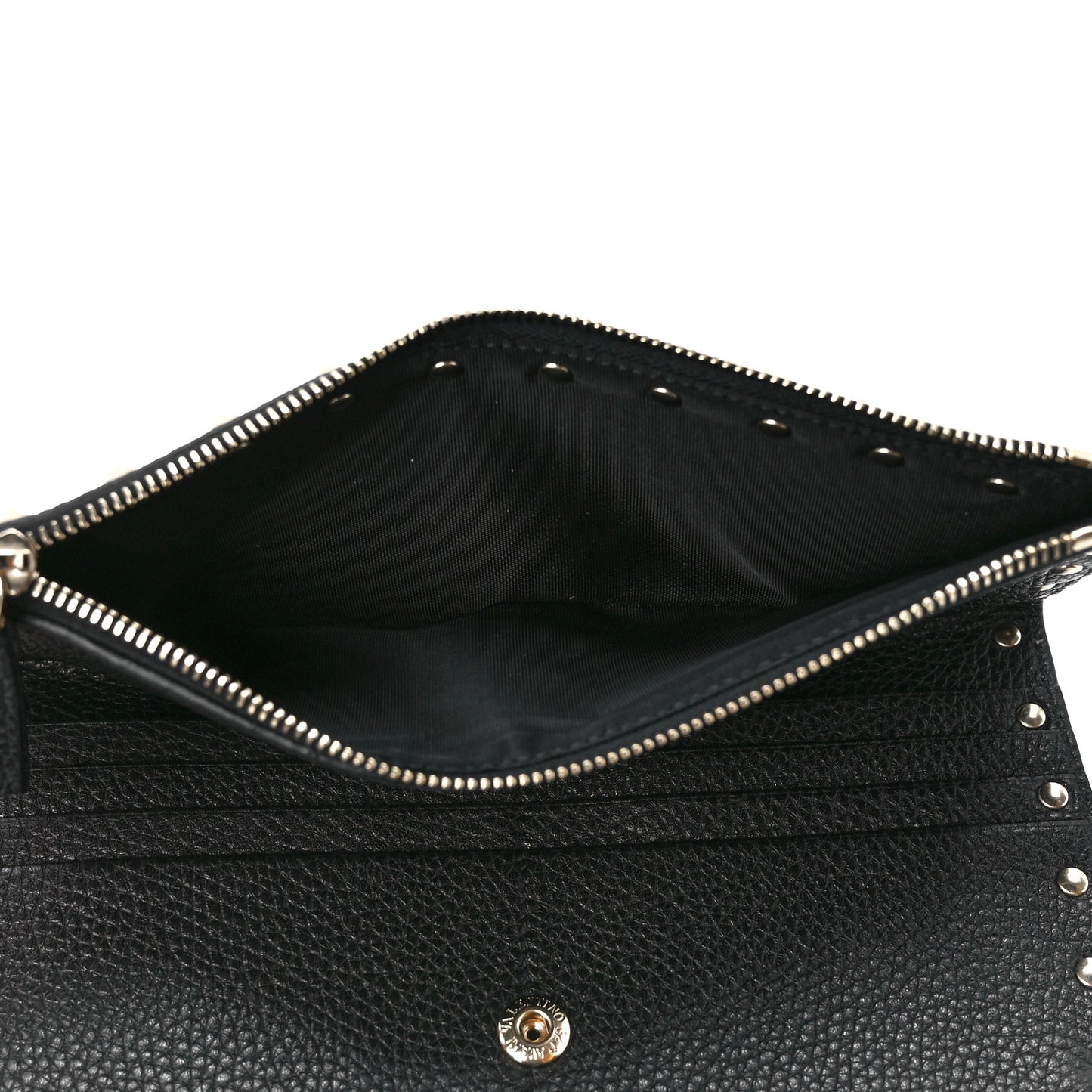 Pebbled Calfskin Rockstud Fold Zip Wallet Black