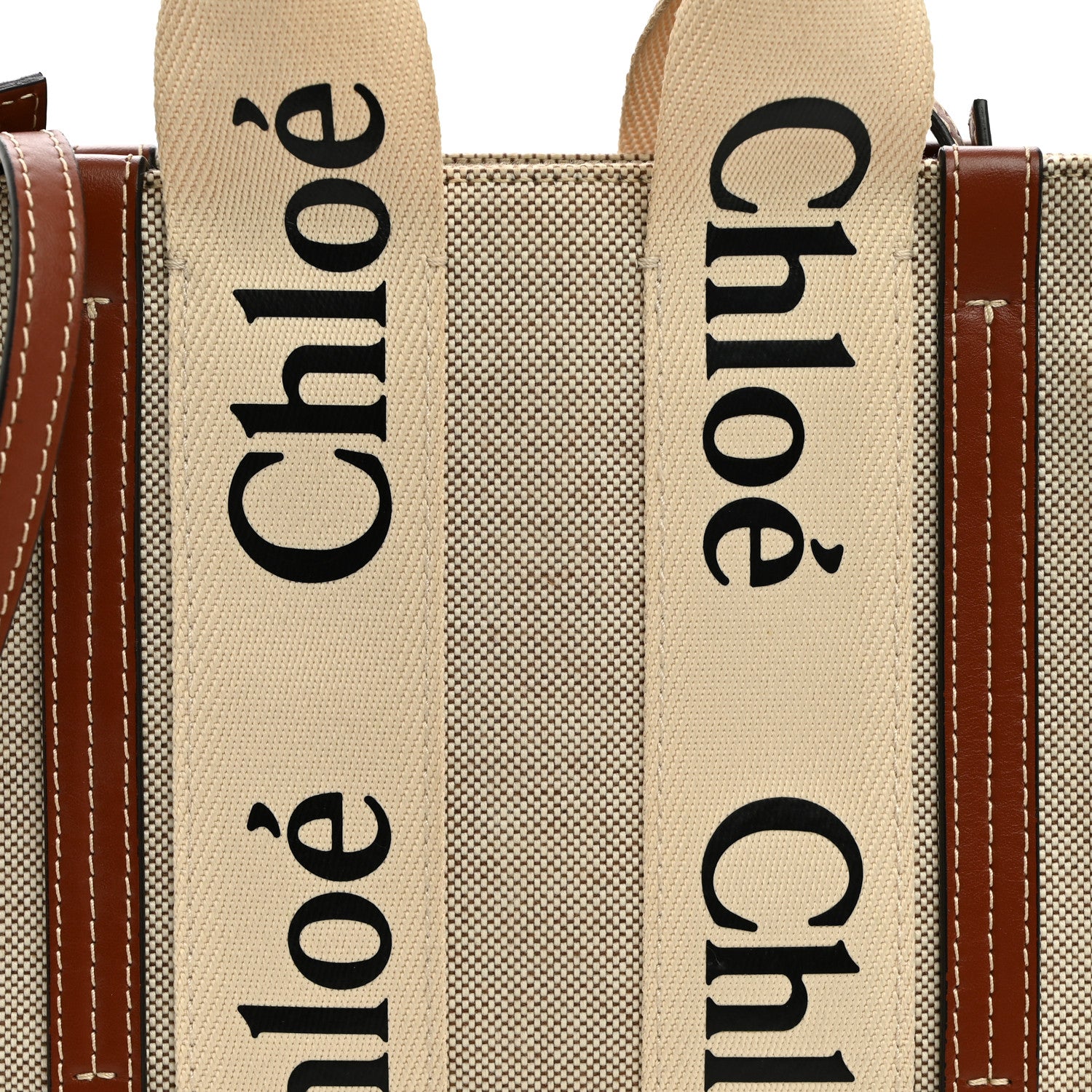Chloe Cotton Calfskin Small Woody Ribbon Tote With Strap White Brown 8 of 10