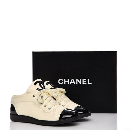 Chanel Lambskin Patent Cap Toe CC Sneakers 38 White Black 12 of 12