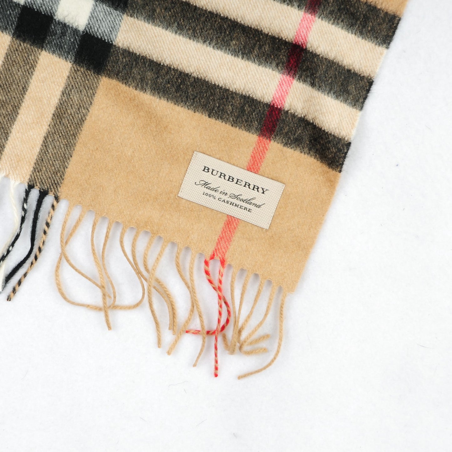 Cashmere Giant Check Fringe Scarf Camel