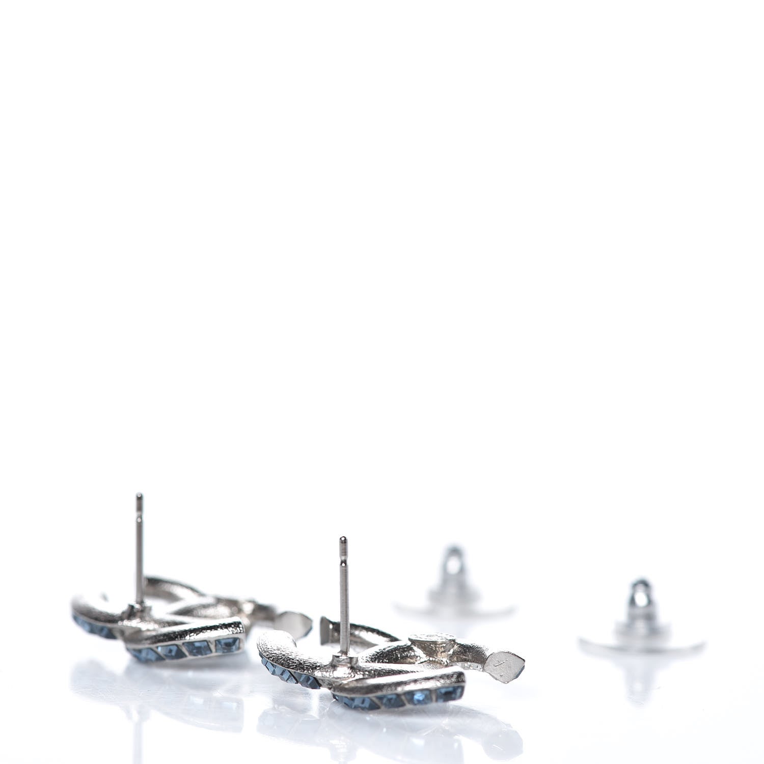 Chanel Metal Baguette Crystal CC Earrings Silver Blue 4 of 5