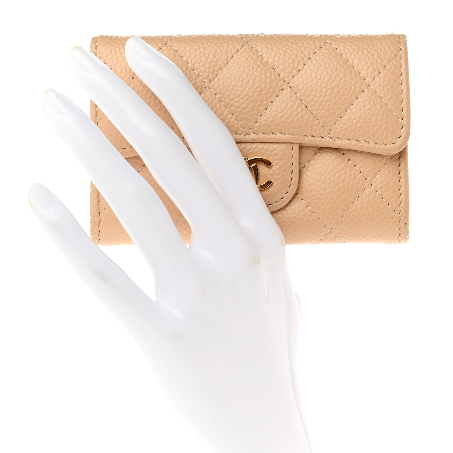 Caviar Quilted Flap Card Holder Wallet Beige