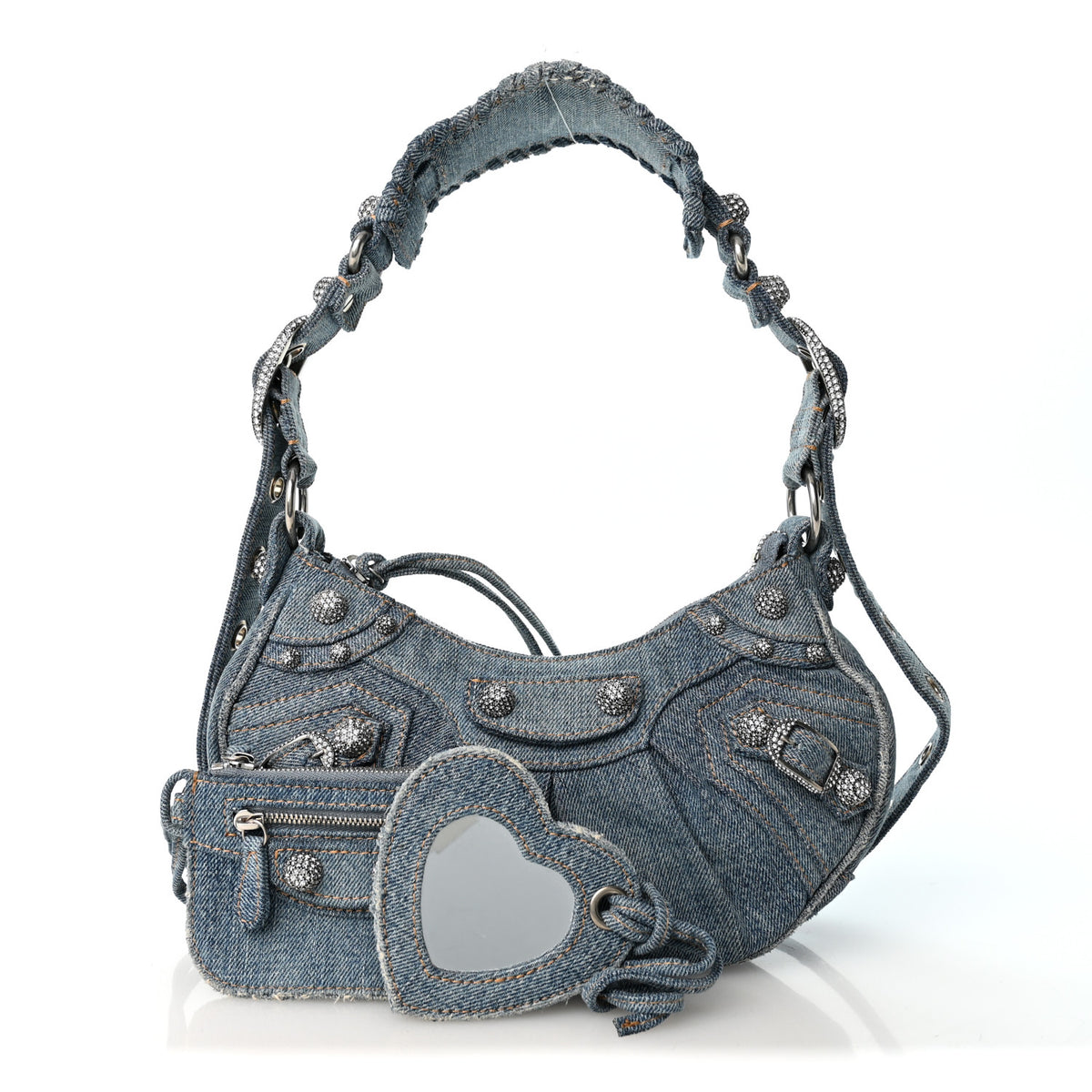 Washed Frayed Denim Crystal Le Cagole Shoulder Bag XS Blue