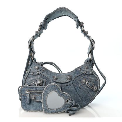 Balenciaga Washed Frayed Denim Crystal Le Cagole Shoulder Bag XS Blue 3 of 11