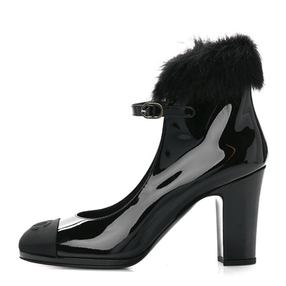 Chanel Patent Shearling Lambskin Cap Toe Mary Jane Pumps 38.5 Black 1 of 9