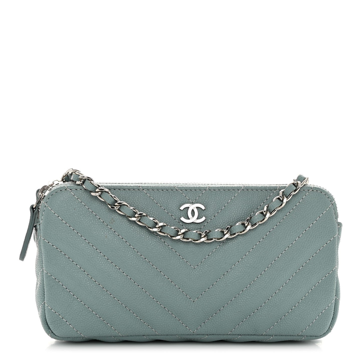 Caviar Chevron Quilted Small Clutch With Chain Light Blue