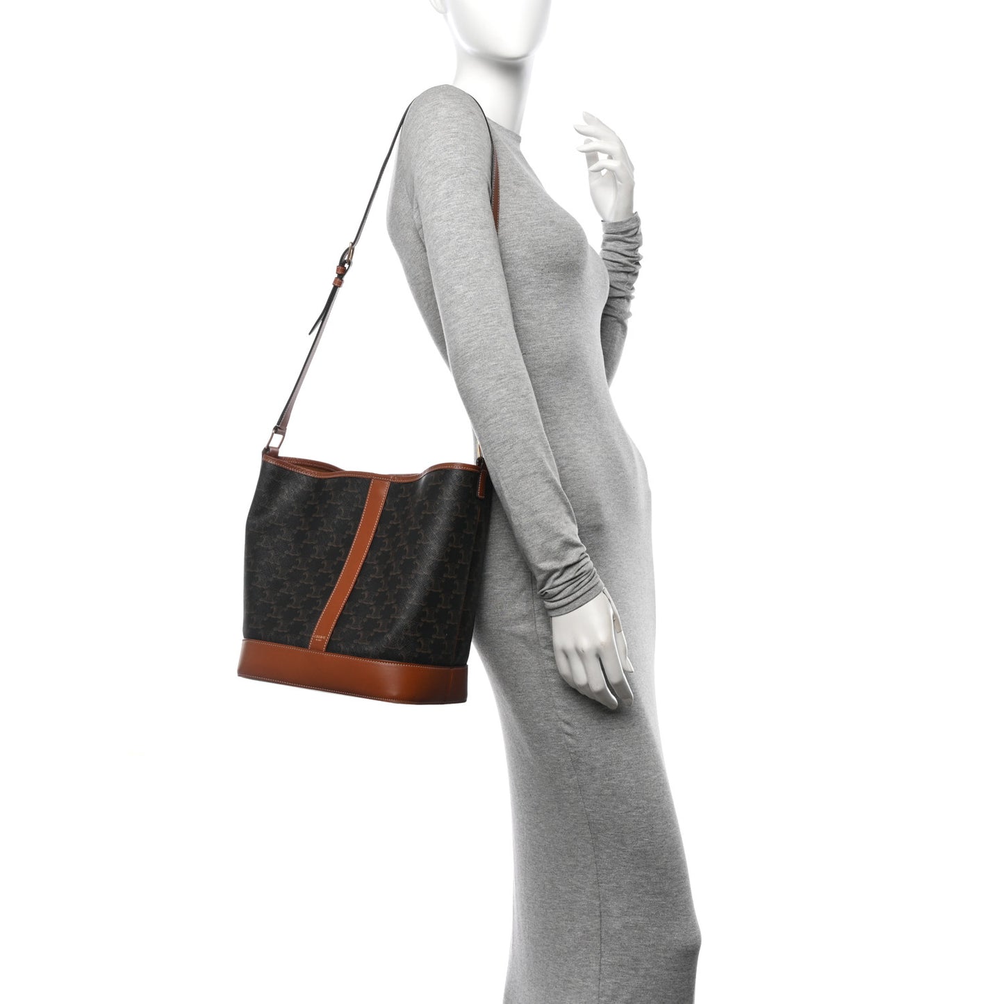 Triomphe Canvas Calfskin Medium Bucket Bag Tan