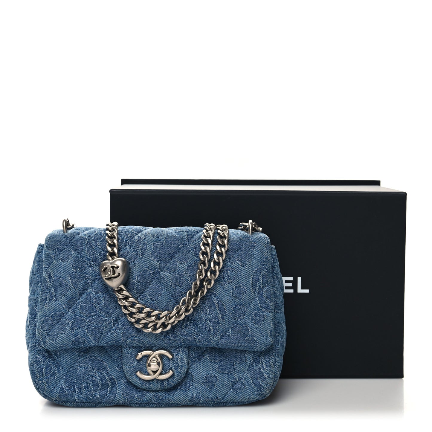 Denim Quilted Camellia Sweetheart Mini Flap Blue
