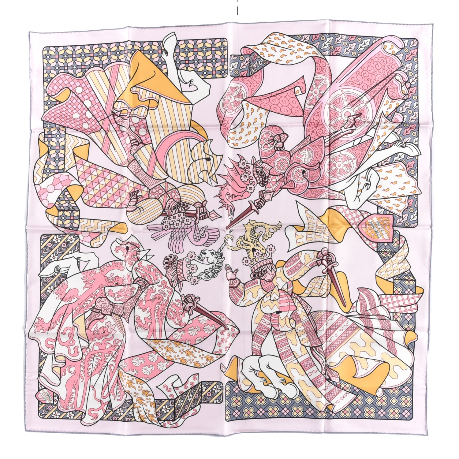 Hermes Silk Carre Duels Oniriques Scarf 90 Rose Pale Gris Jaune 1 of 3
