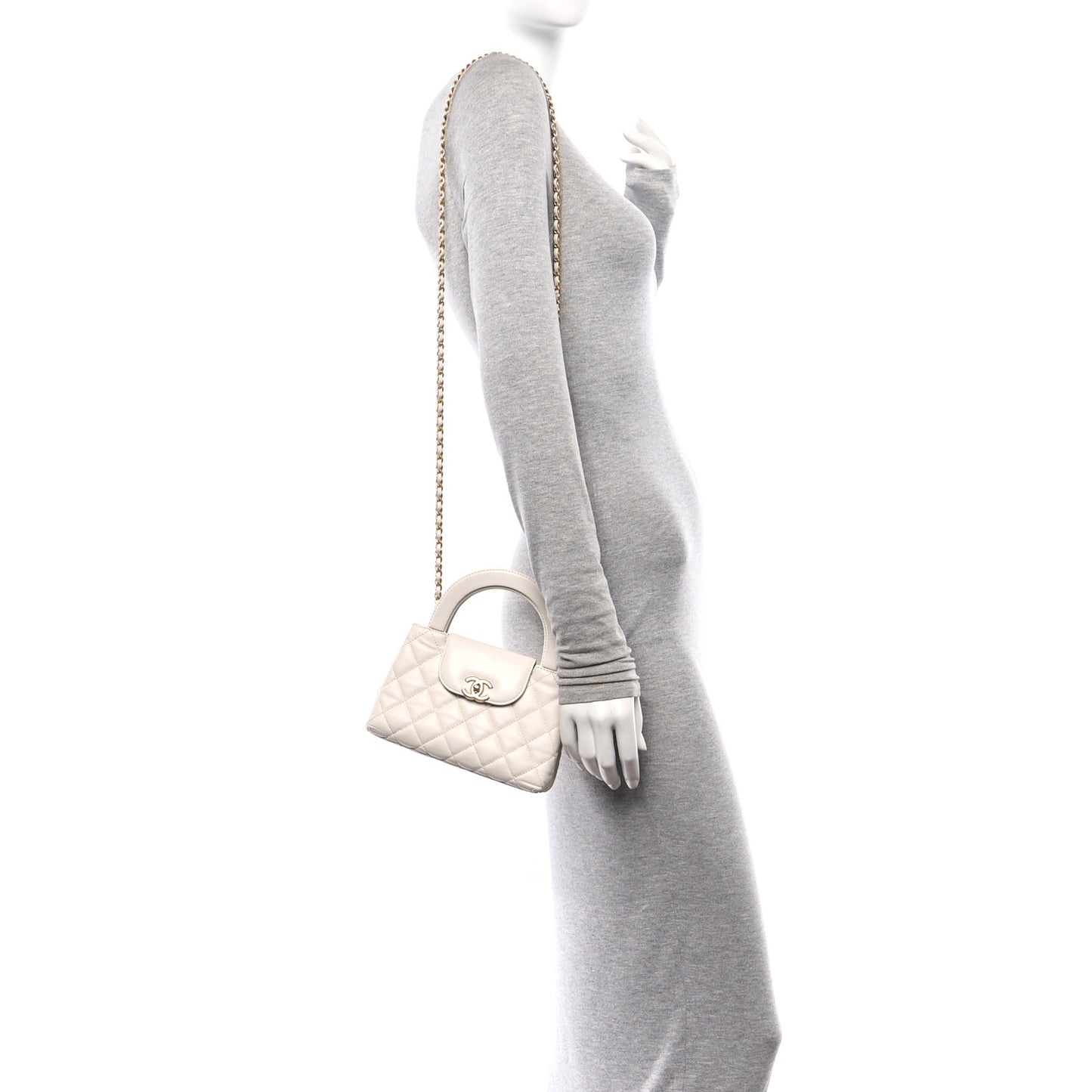 Shiny Aged Calfskin Quilted Nano Kelly Shopper White