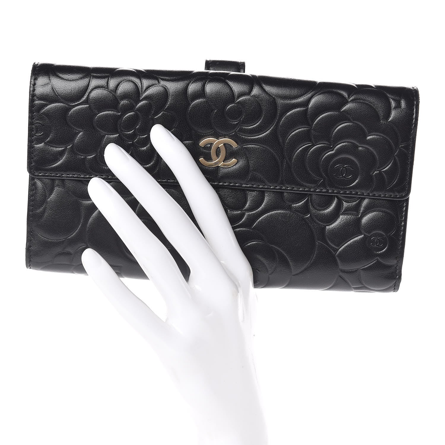 Chanel Lambskin Camellia Embossed Long Double Wallet Black 2 of 13