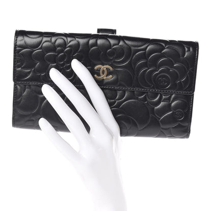 Chanel Lambskin Camellia Embossed Long Double Wallet Black 2 of 13