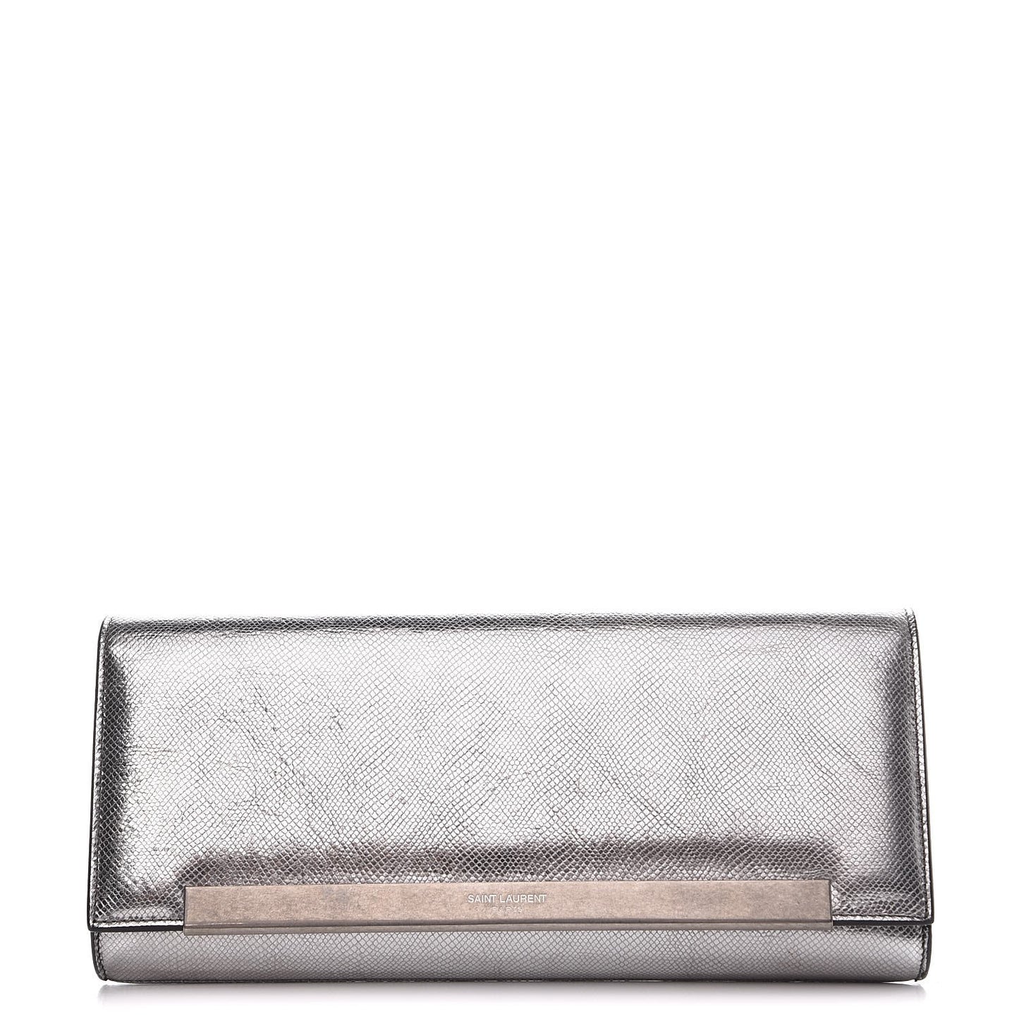 Metallic Calfskin Lizard Printed Lutetia Flap Clutch Silver