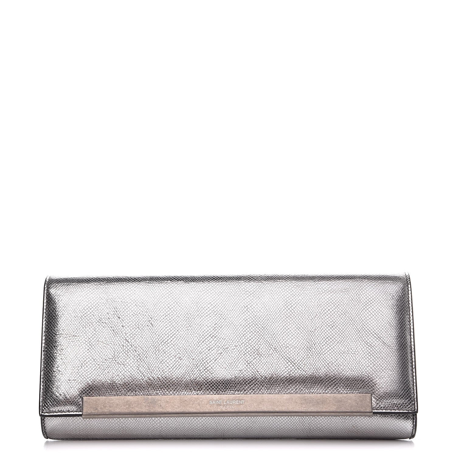Saint Laurent Metallic Calfskin Lizard Printed Lutetia Flap Clutch Silver 1 of 9