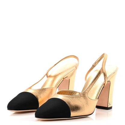 Chanel Laminated Crumpled Lambskin Grosgrain Cap Toe CC Slingback Pumps 39.5 Gold Black 4 of 10