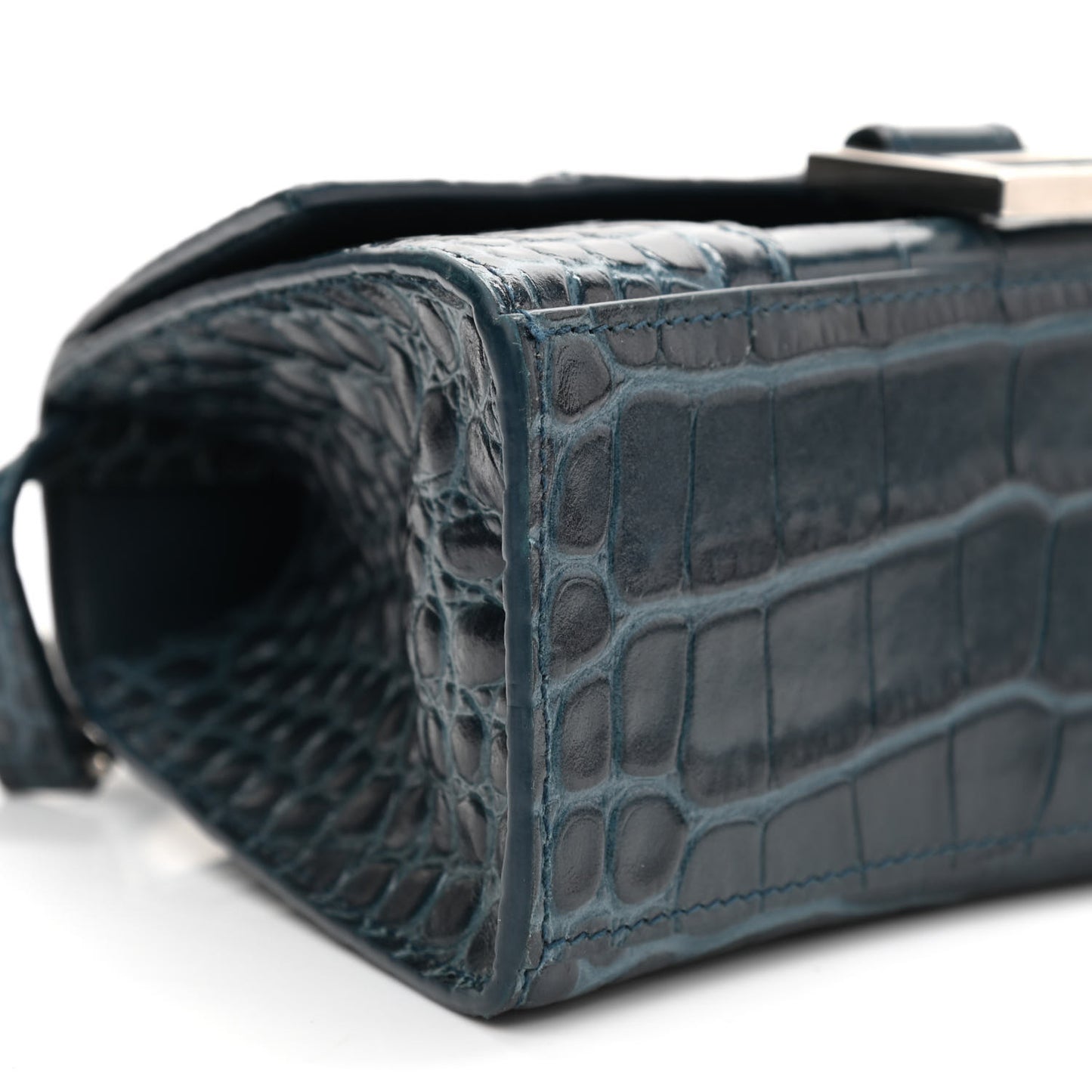 Shiny Calfskin Crocodile Embossed Hourglass Top Handle Bag XS Denim Blue