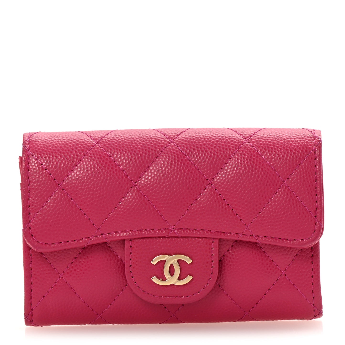 Caviar Quilted Flap Card Holder Wallet Dark Pink