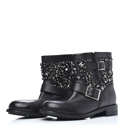 Jimmy Choo Calfskin Crystal Embellished Youth Biker Boots 39.5 Black 3 of 7
