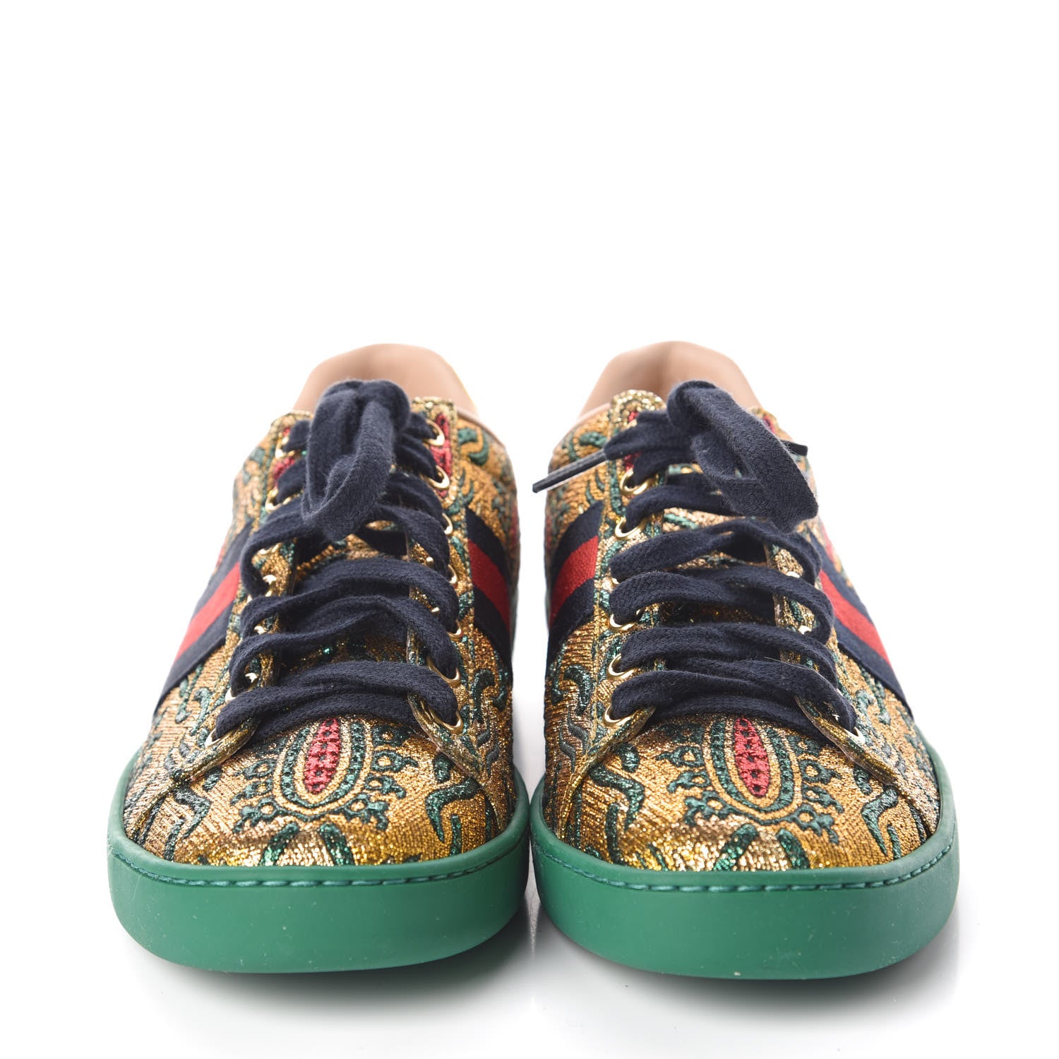 Gucci Jacquard Web Embroidered Womens New Ace Sneakers 37 Gold Green 2 of 8