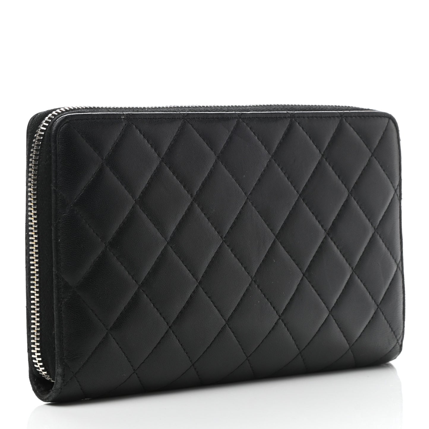 Lambskin Quilted Large Zip Around Organizer Wallet Black