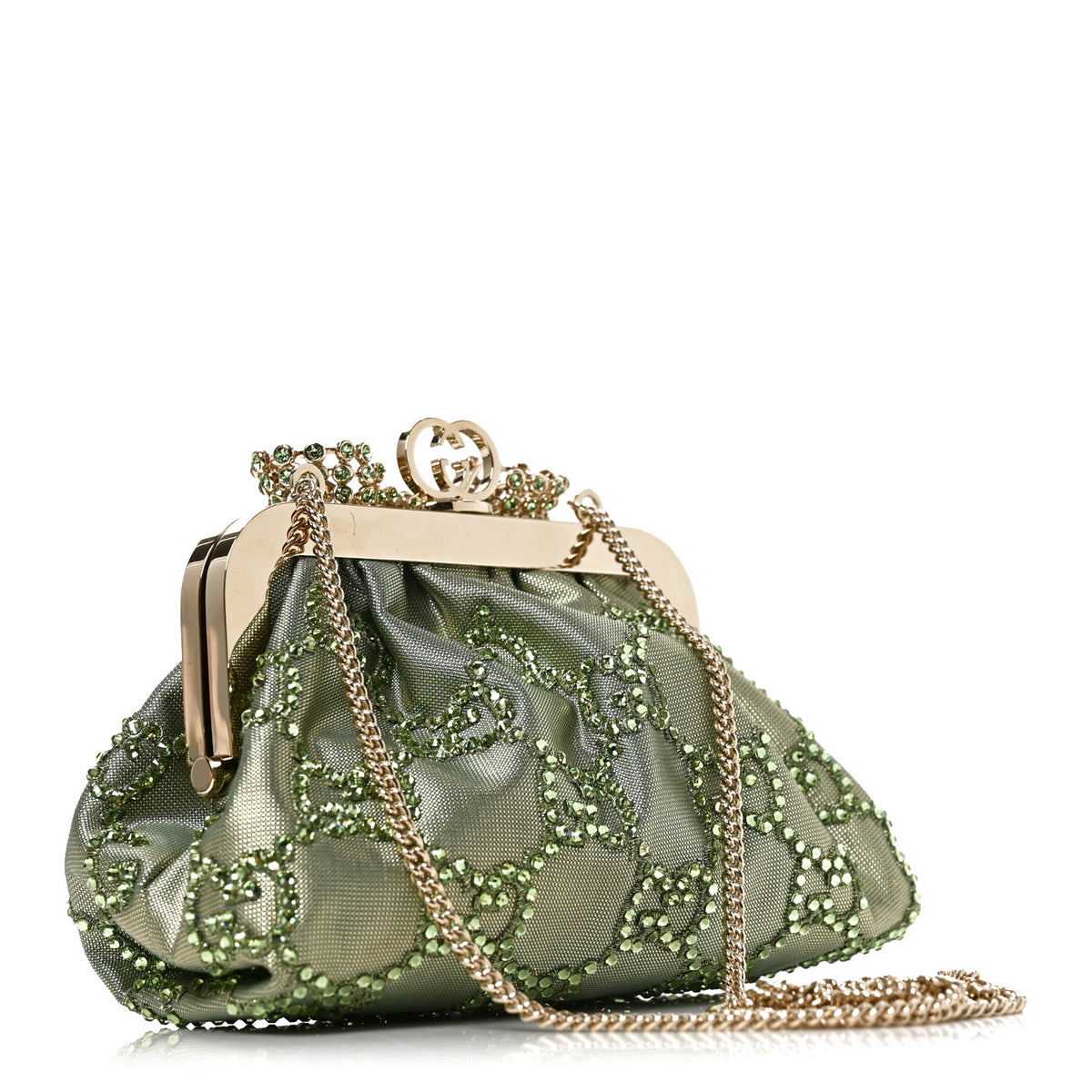 Gucci Nylon Crystal GG Monogram Mini Bow Clutch With Chain Green 3 of 10