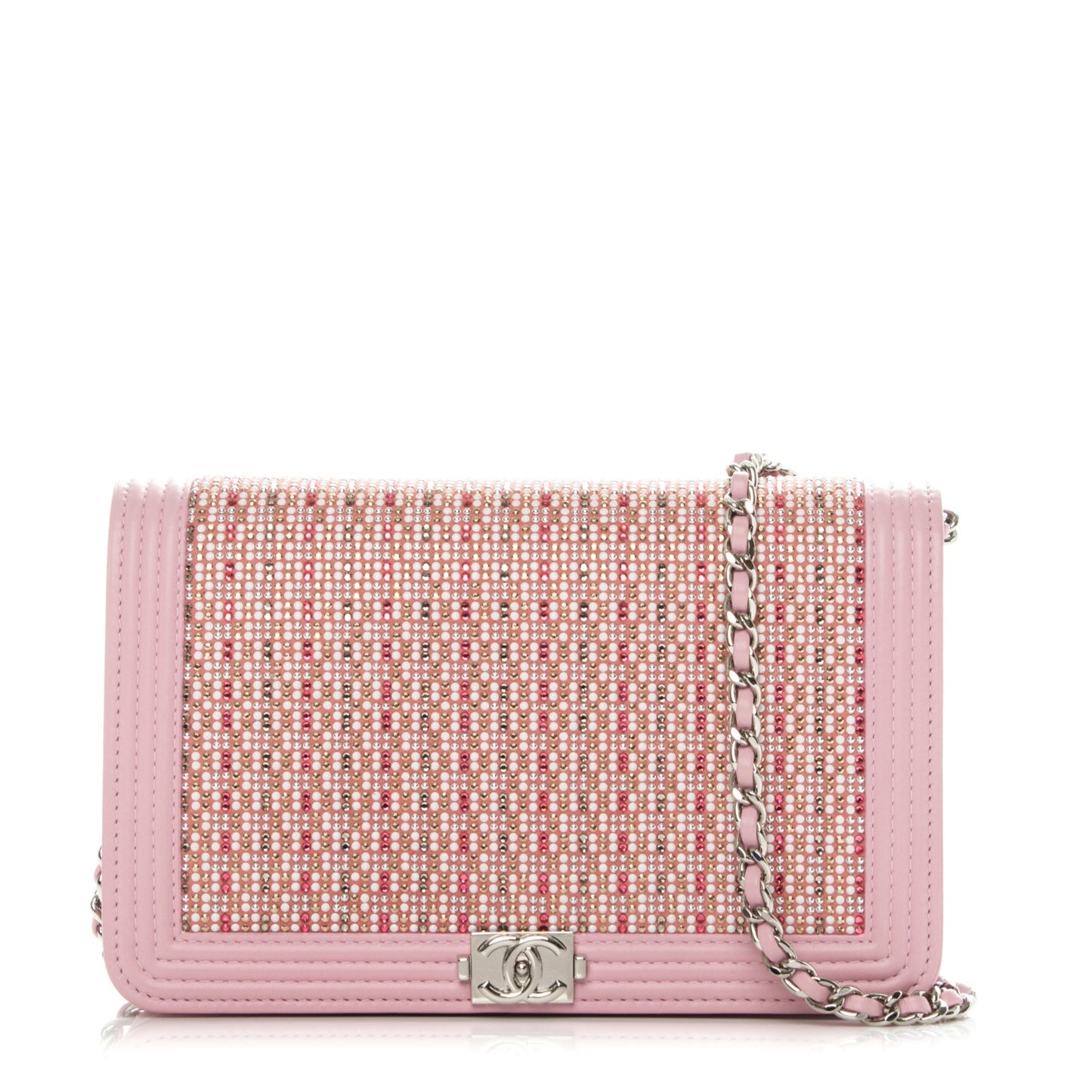 Calfskin Crystal Studded Boy Wallet On Chain WOC Pink