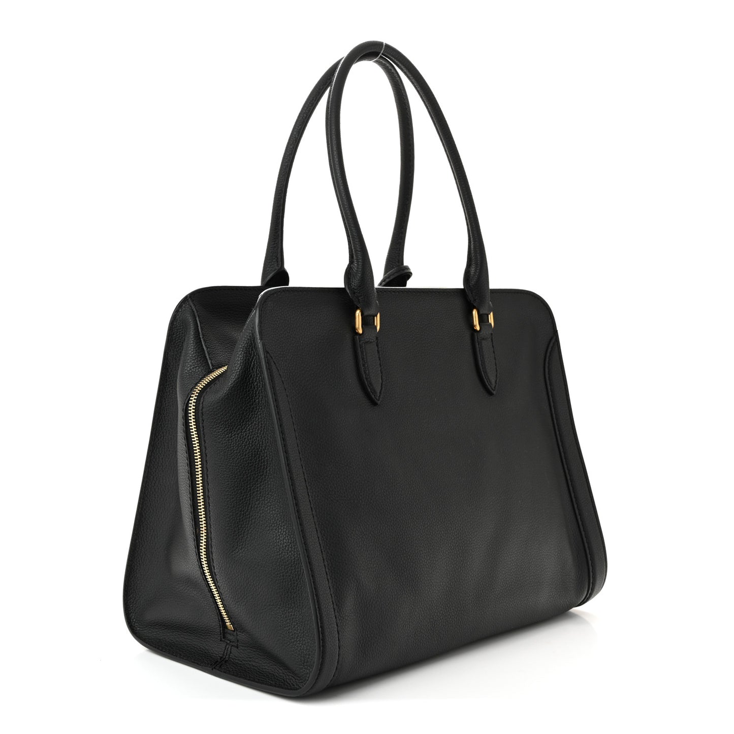 Pebbled Calfskin Large Skull Padlock Zip Around Tote Black