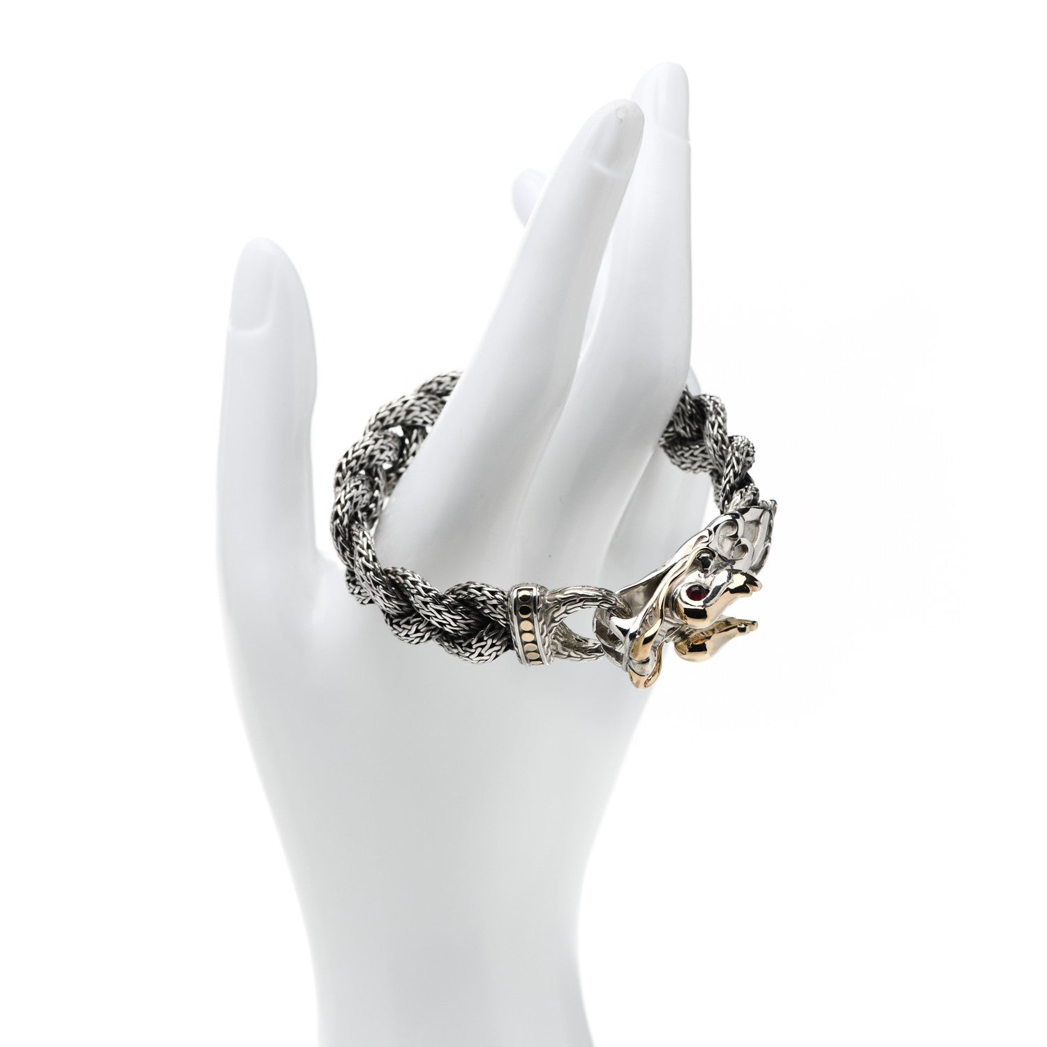 John Hardy Sterling Silver 18K Yellow Gold Ruby Naga Dragon Braided Chain Bracelet 2 of 5