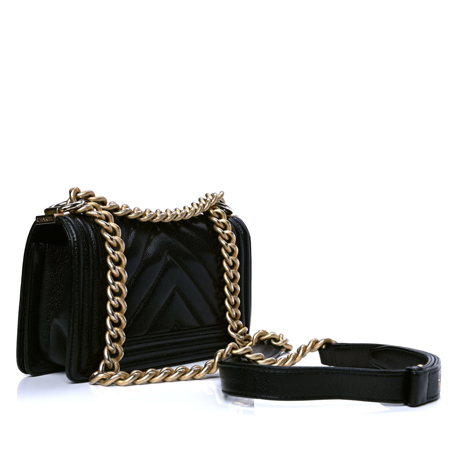 Caviar Chevron Quilted Small Boy Flap Black