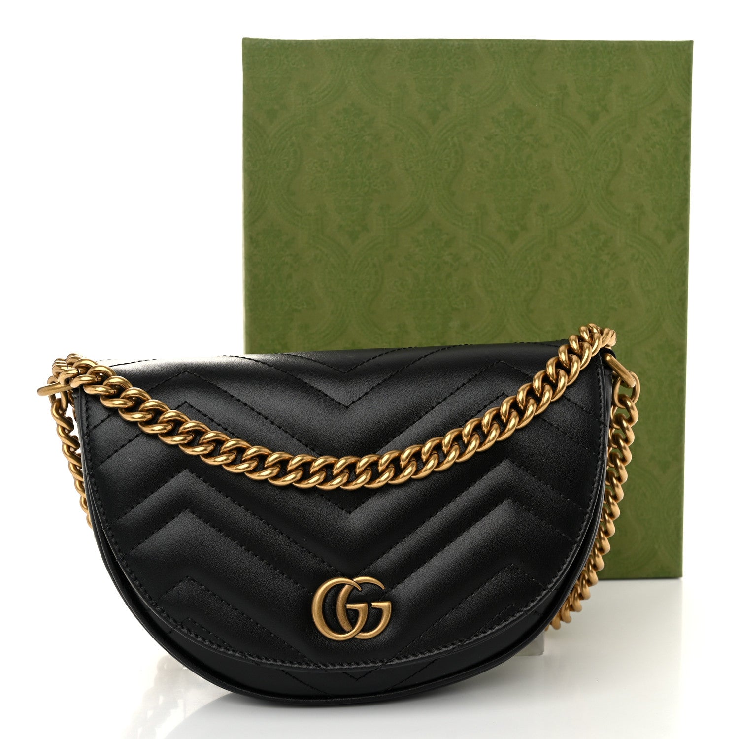 Gucci Calfskin Matelasse Mini GG Marmont Chain Half Moon Crossbody Bag Black 11 of 11