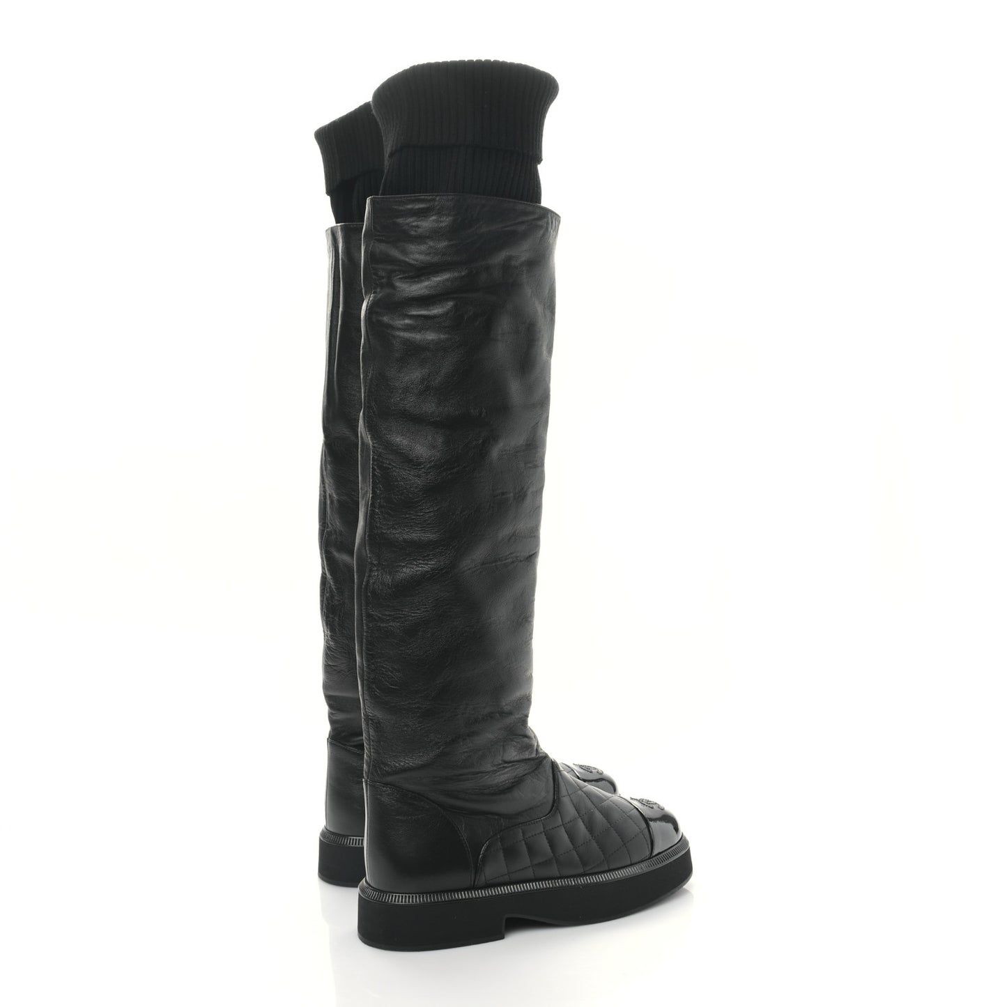 Lambskin Calfskin Quilted Knit Womens High Boots 36.5 Black