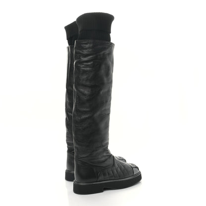 Chanel Lambskin Calfskin Quilted Knit Womens High Boots 36.5 Black 4 of 9