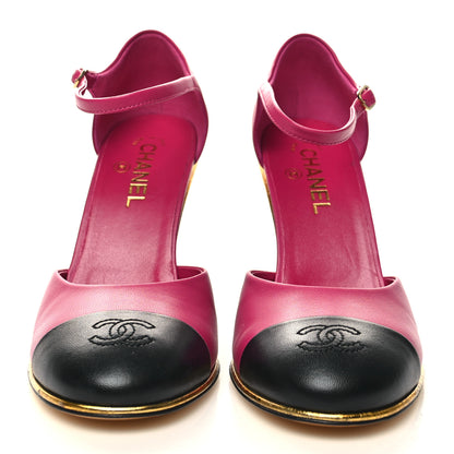 Chanel Lambskin Cap Toe Open Wedge 39.5 Fuchsia Black 2 of 9