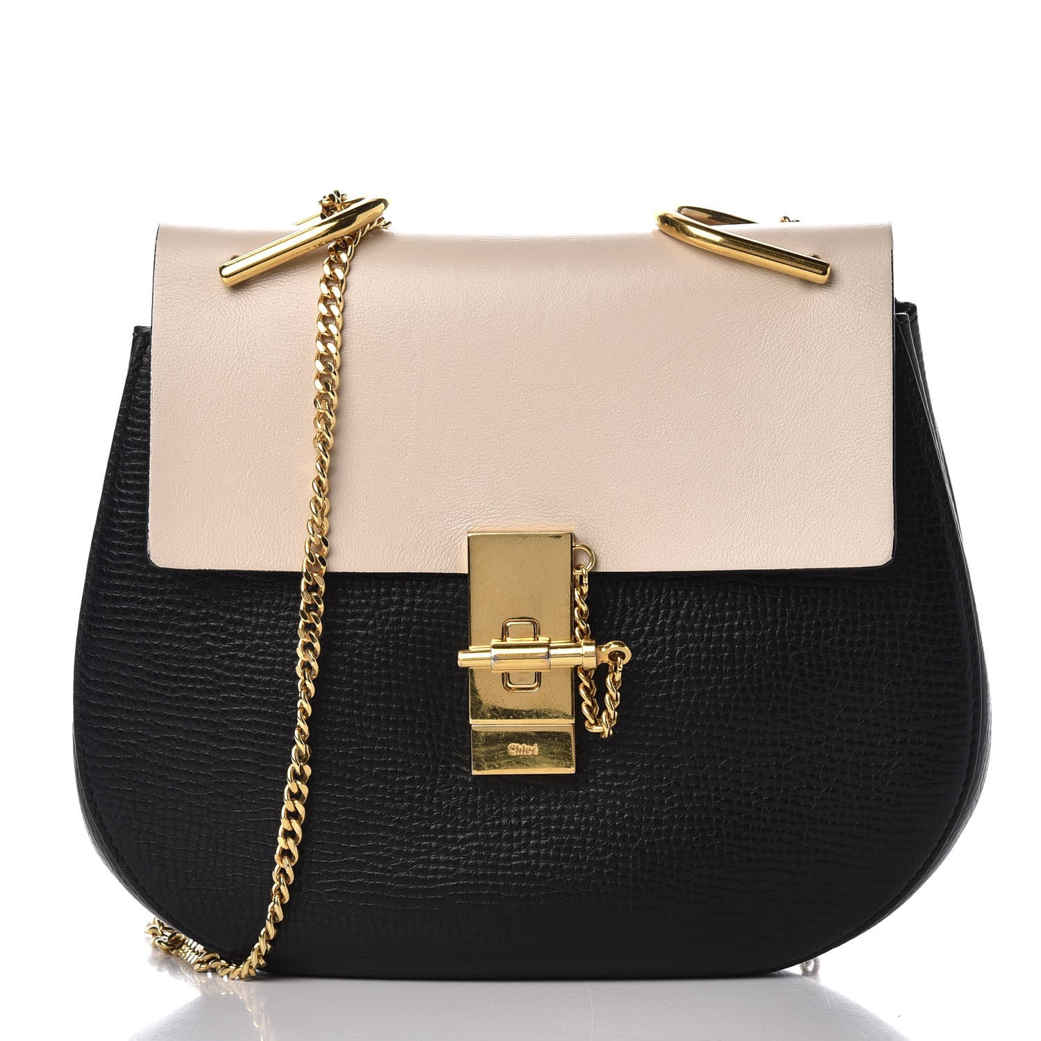 Chloe Grained Calfskin Lambskin Bi-Color Drew Shoulder Bag Black Powder Beige 1 of 8