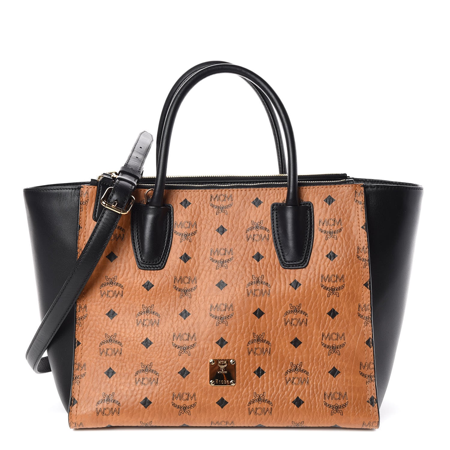 MCM Visetos Medium Kathy Double Zip Tote Cognac Black 1 of 8