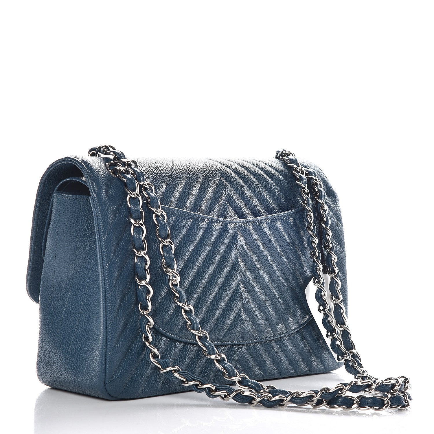 Chanel Caviar Chevron Quilted Jumbo Double Flap Blue 3 of 10