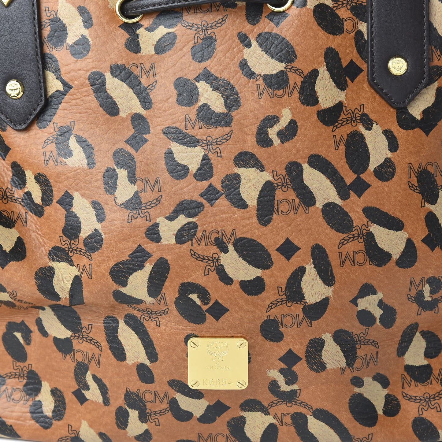 Visetos Leopard Print Large Drawstring Shoulder Bag Cognac