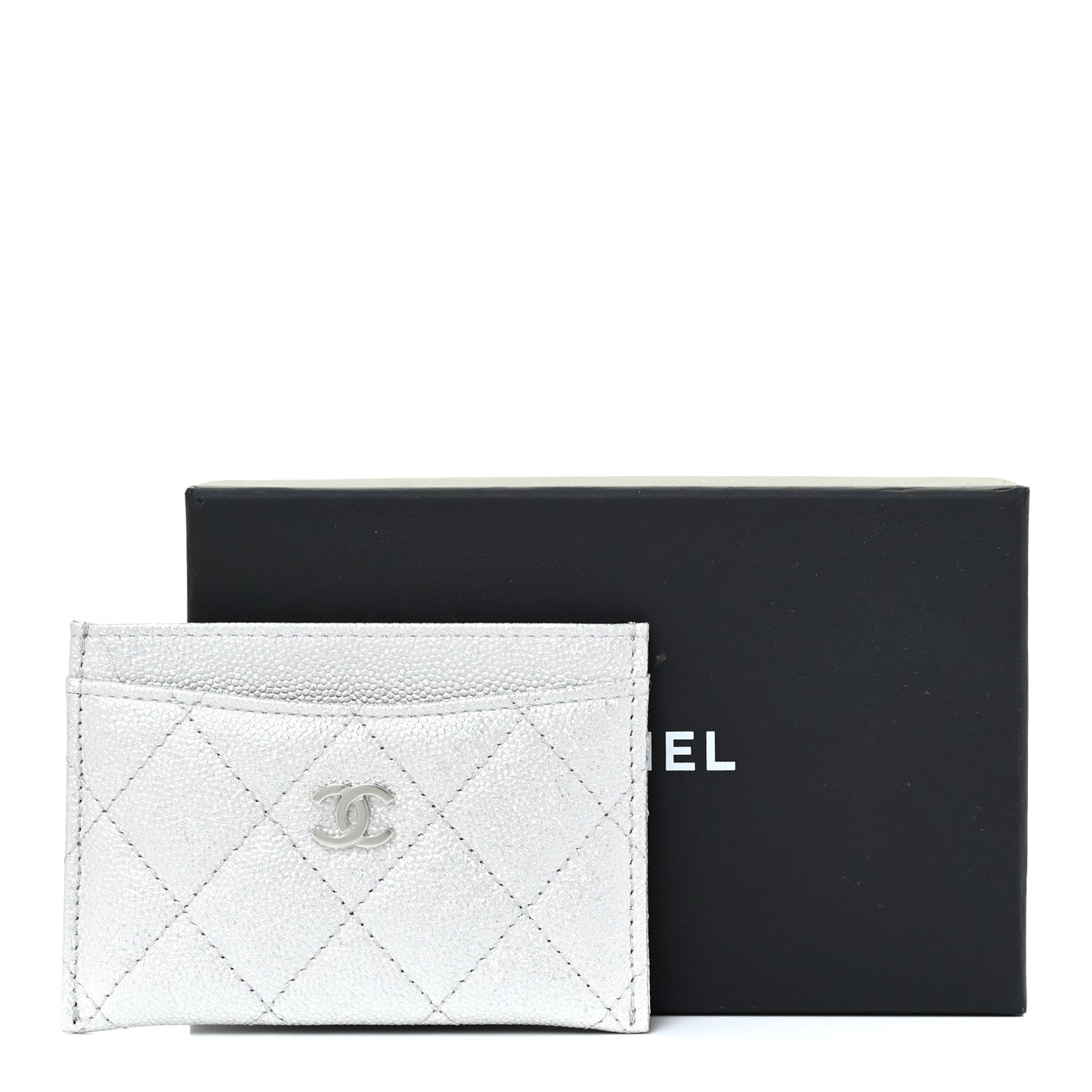 Glittered Metallic Caviar Quilted Card Holder Silver