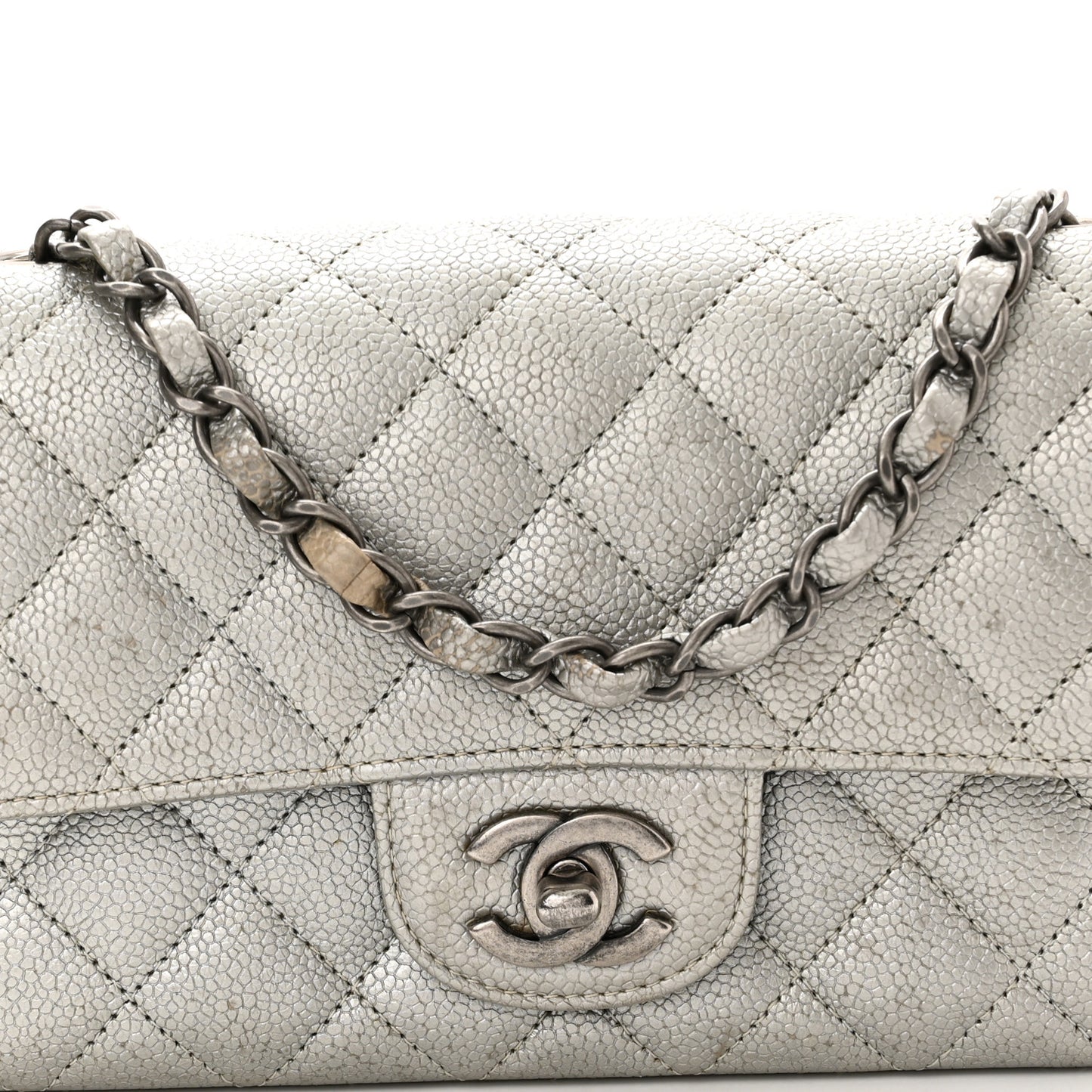 Metallic Caviar Quilted Mini Rectangular Flap Silver
