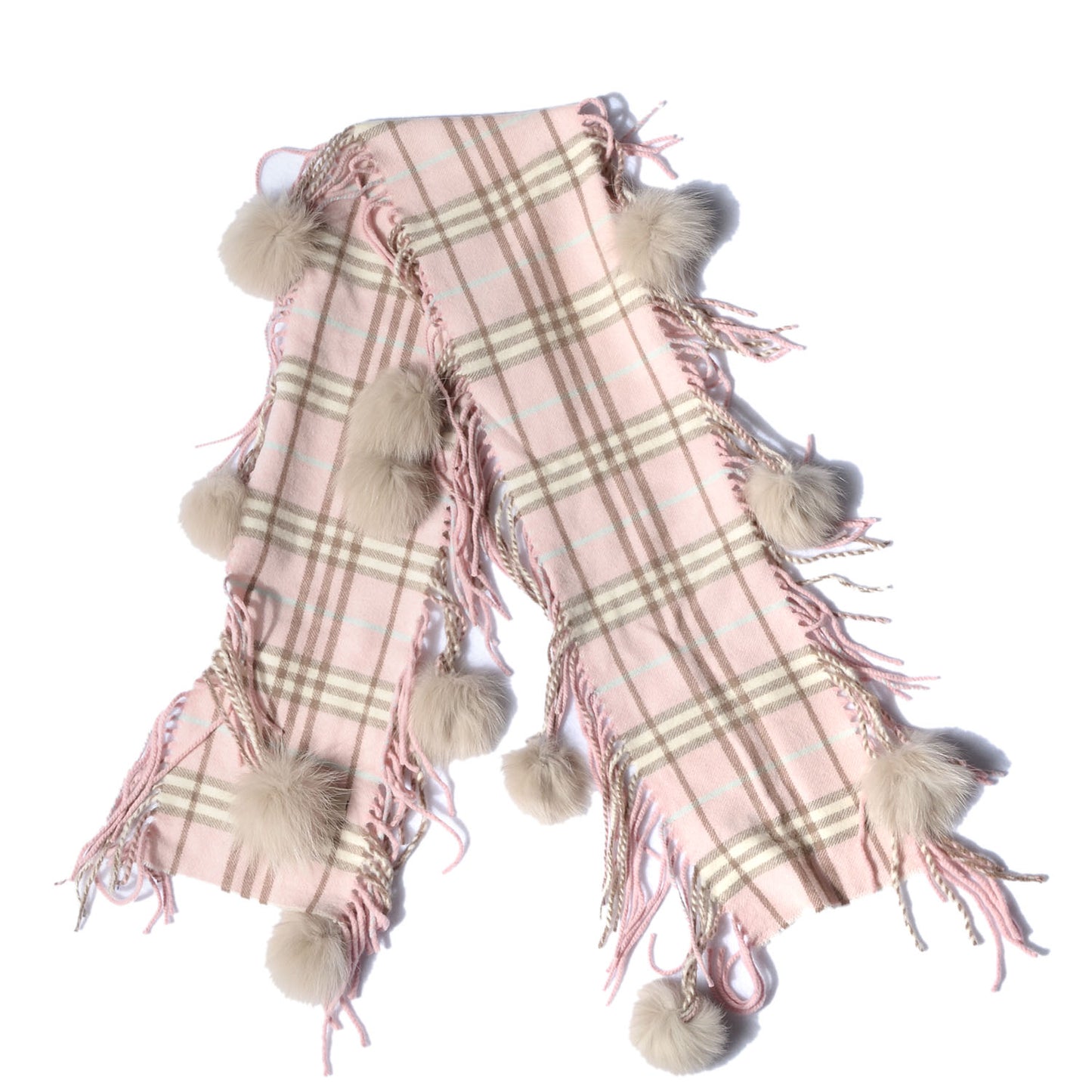 Cashmere Fox Fur Candy Check Pom Pom Scarf Pink